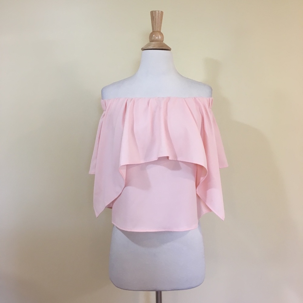 Blush Romantic Ruffled Overlay Split Sleeve Off Shoulder Blouse - Picture 4 of 7